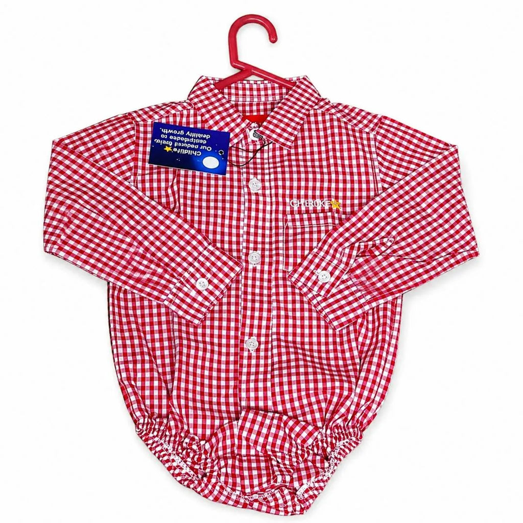 Red Checkered Cotton Romper Set for Baby Boys