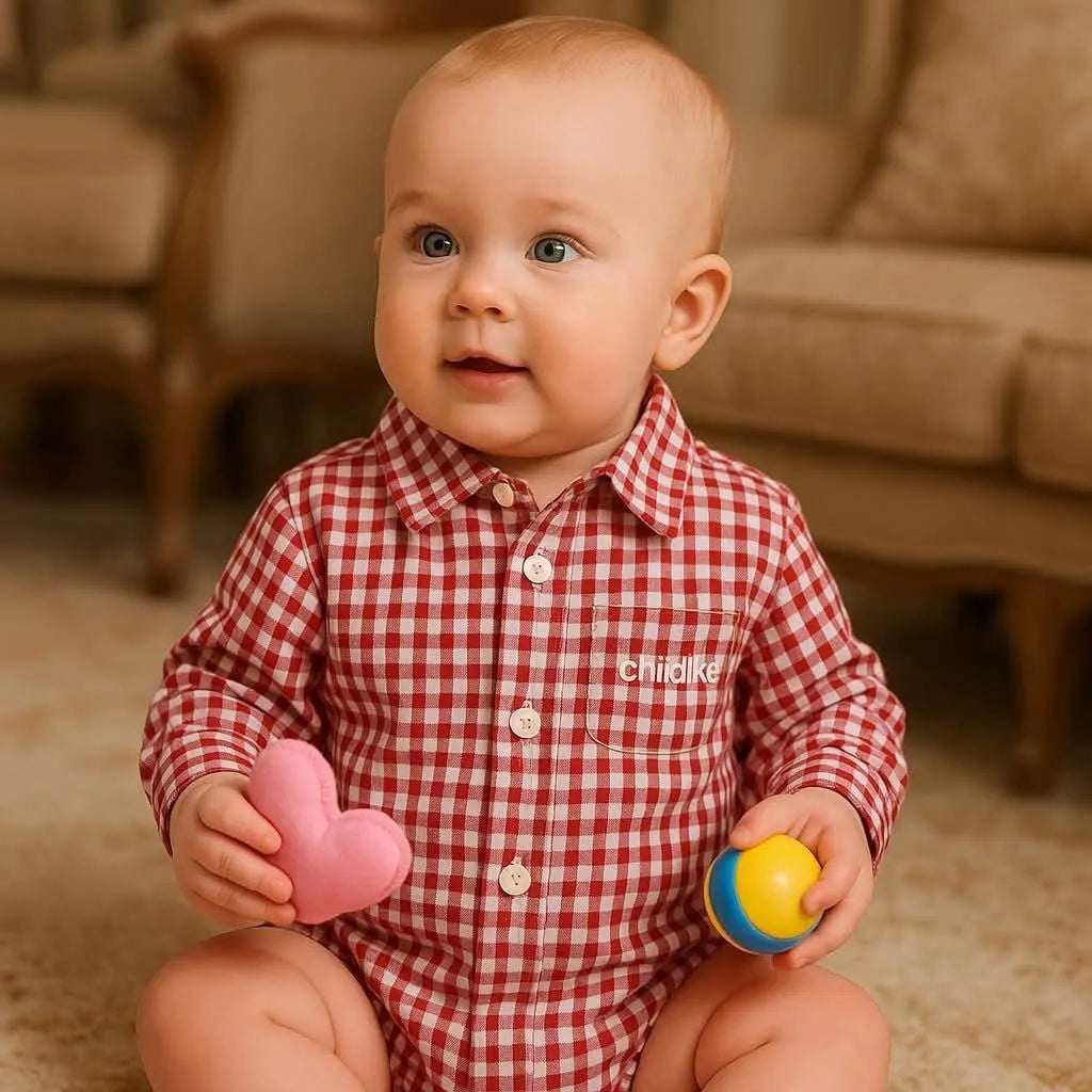 Red Checkered Cotton Romper Set for Baby Boys