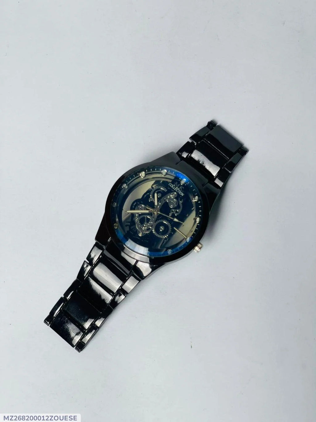 Men's Black Stainless Steel Skeleton Watch with Gears