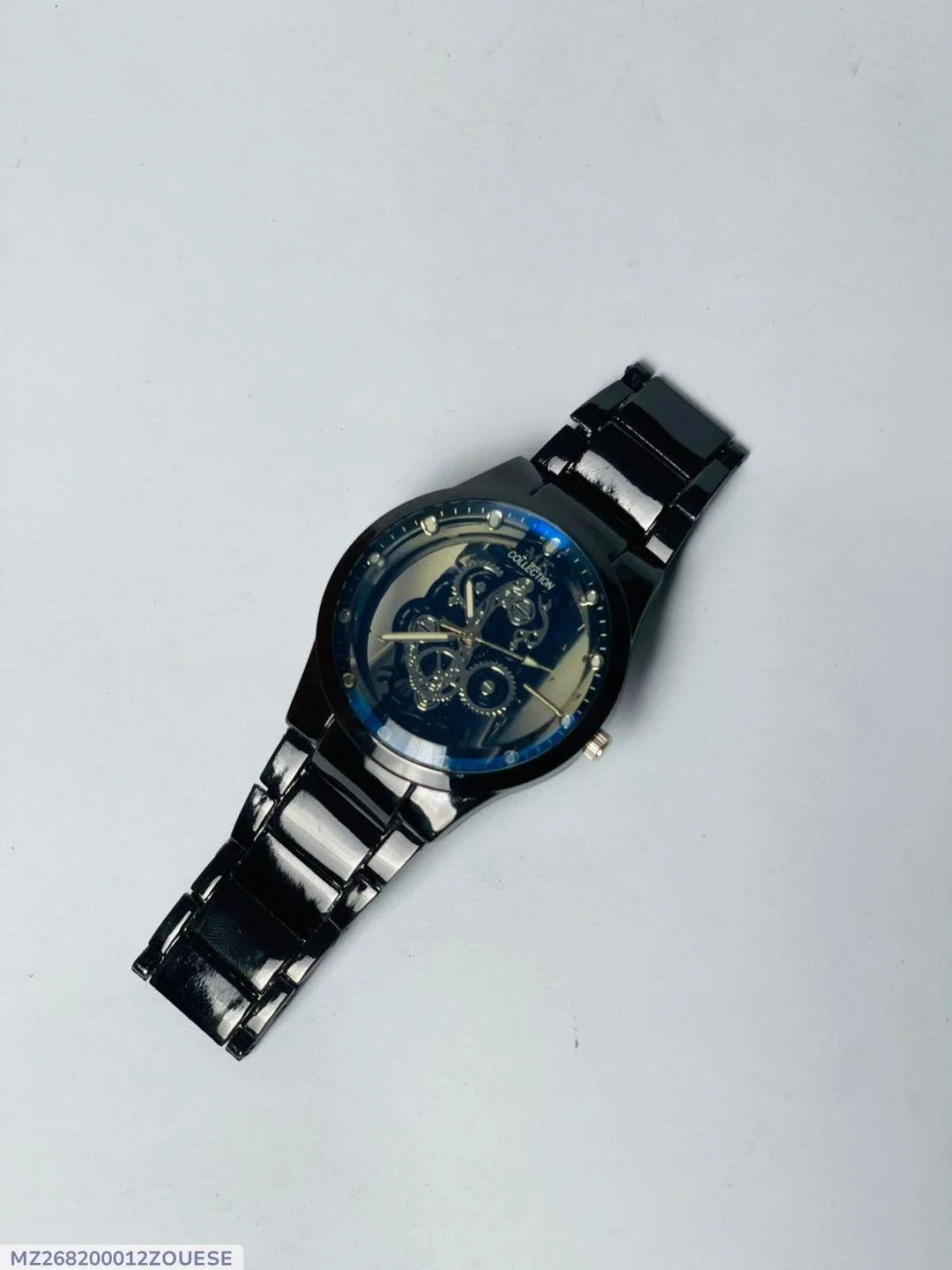 Men's Black Stainless Steel Skeleton Watch with Gears