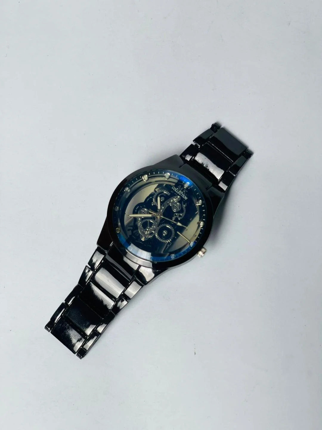 Men's Black Stainless Steel Skeleton Watch with Gears