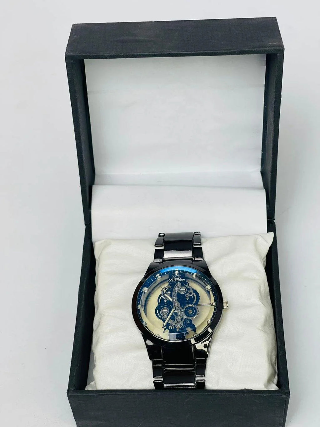 Men's Black Stainless Steel Skeleton Watch with Gears