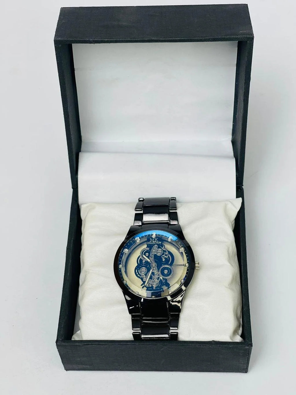 Men's Black Stainless Steel Skeleton Watch with Gears