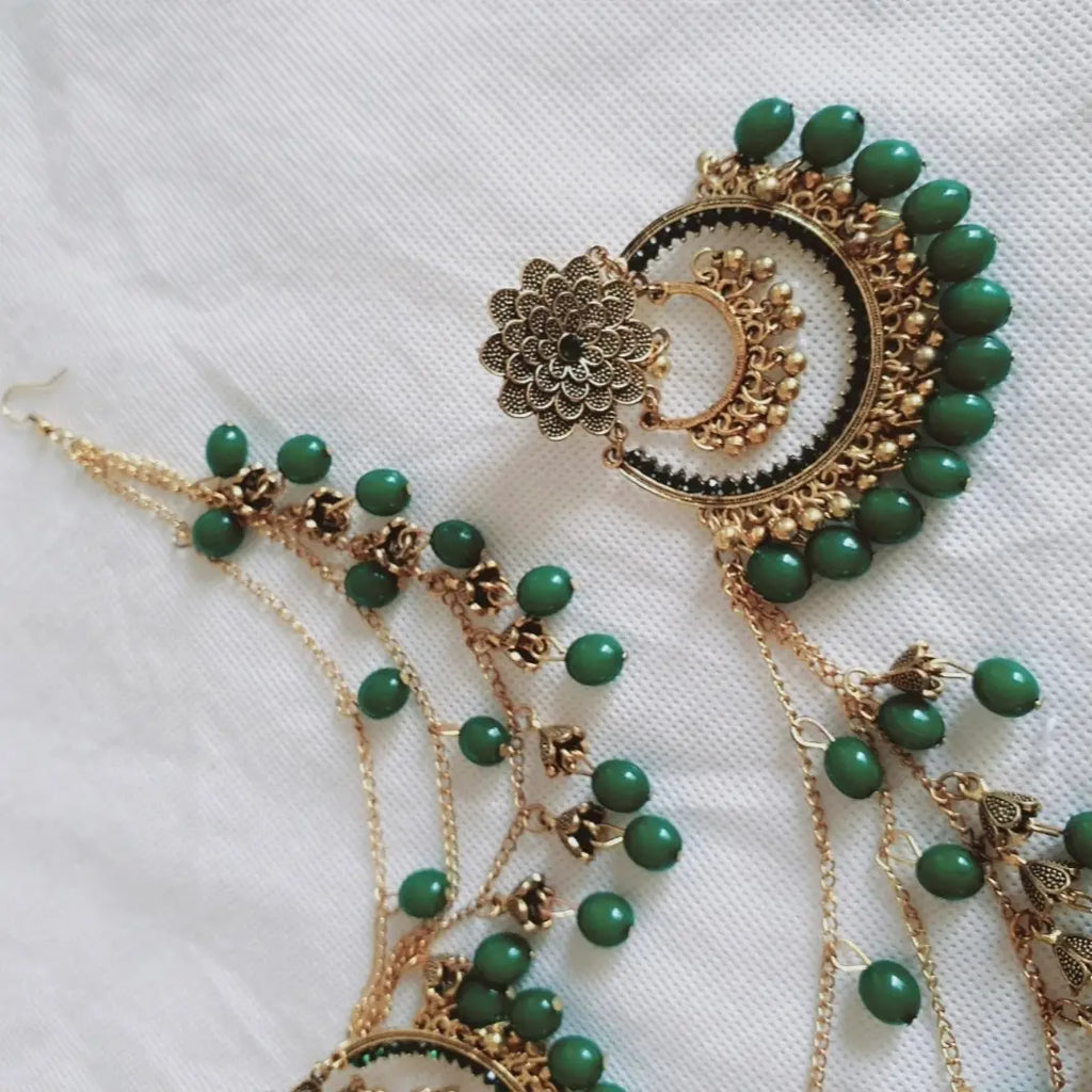 Bridal Pearl Earrings - Gold Plated - Unique Design - 2 Pcs - Green Stone