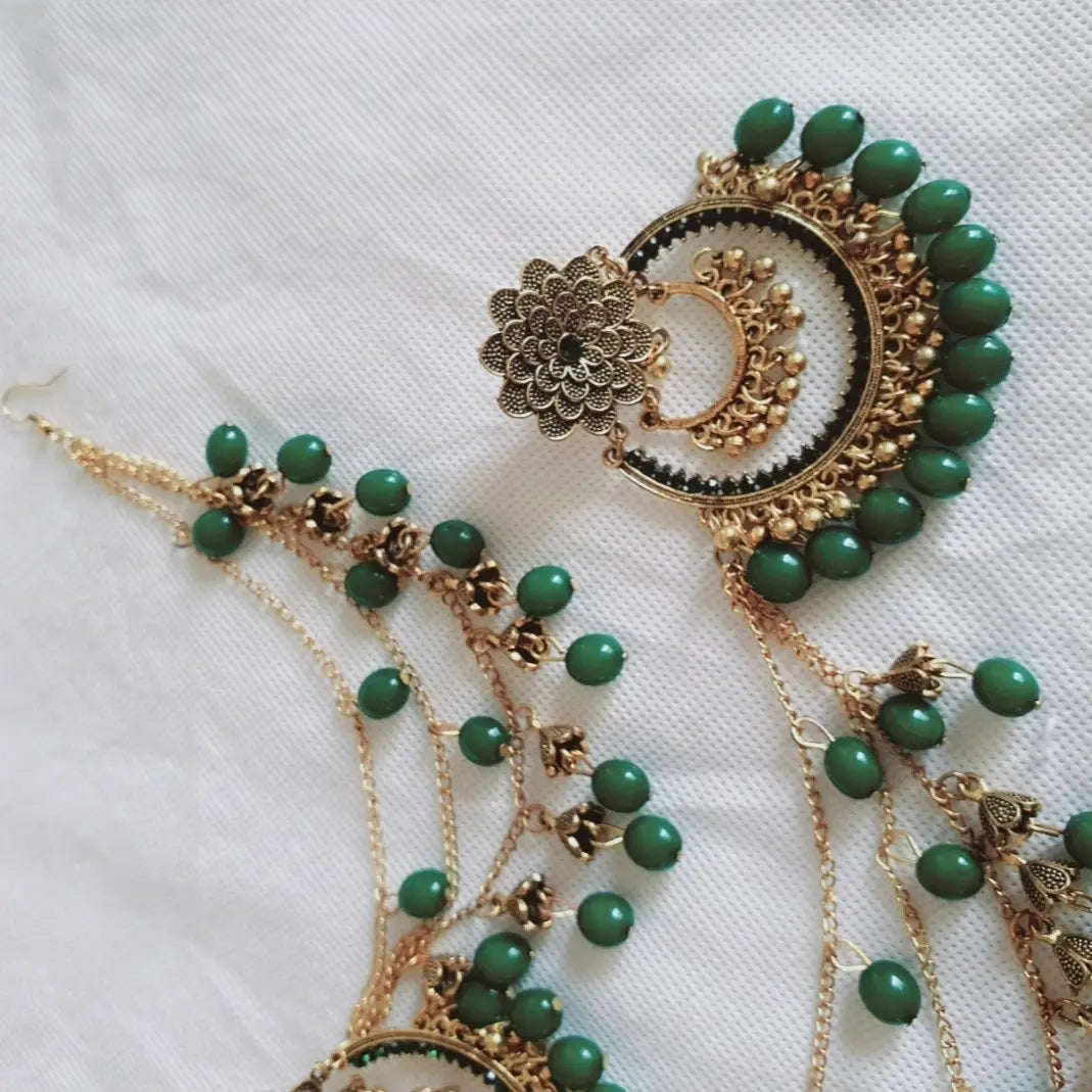 Bridal Pearl Earrings - Gold Plated - Unique Design - 2 Pcs - Green Stone