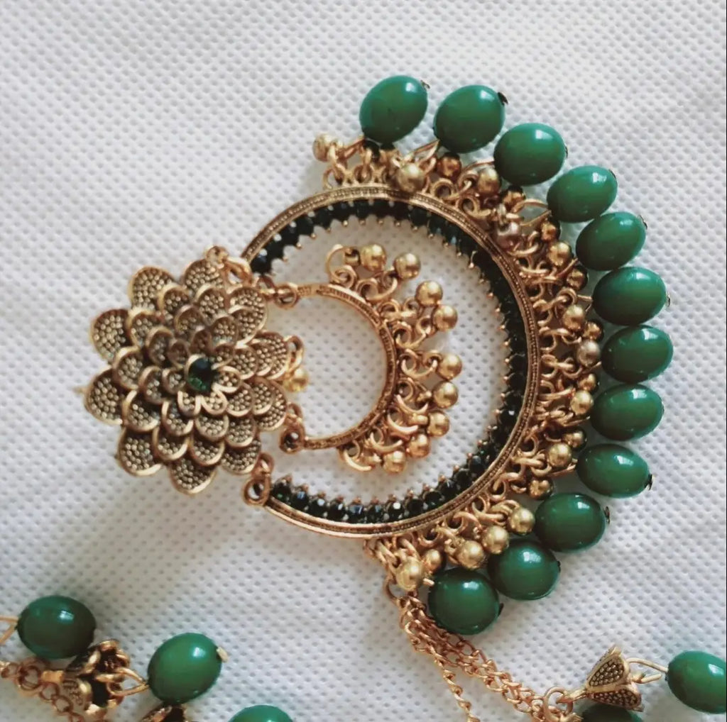 Bridal Pearl Earrings - Gold Plated - Unique Design - 2 Pcs - Green Stone