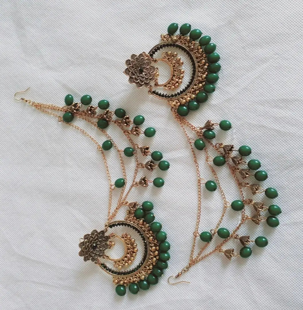 Bridal Pearl Earrings - Gold Plated - Unique Design - 2 Pcs - Green Stone