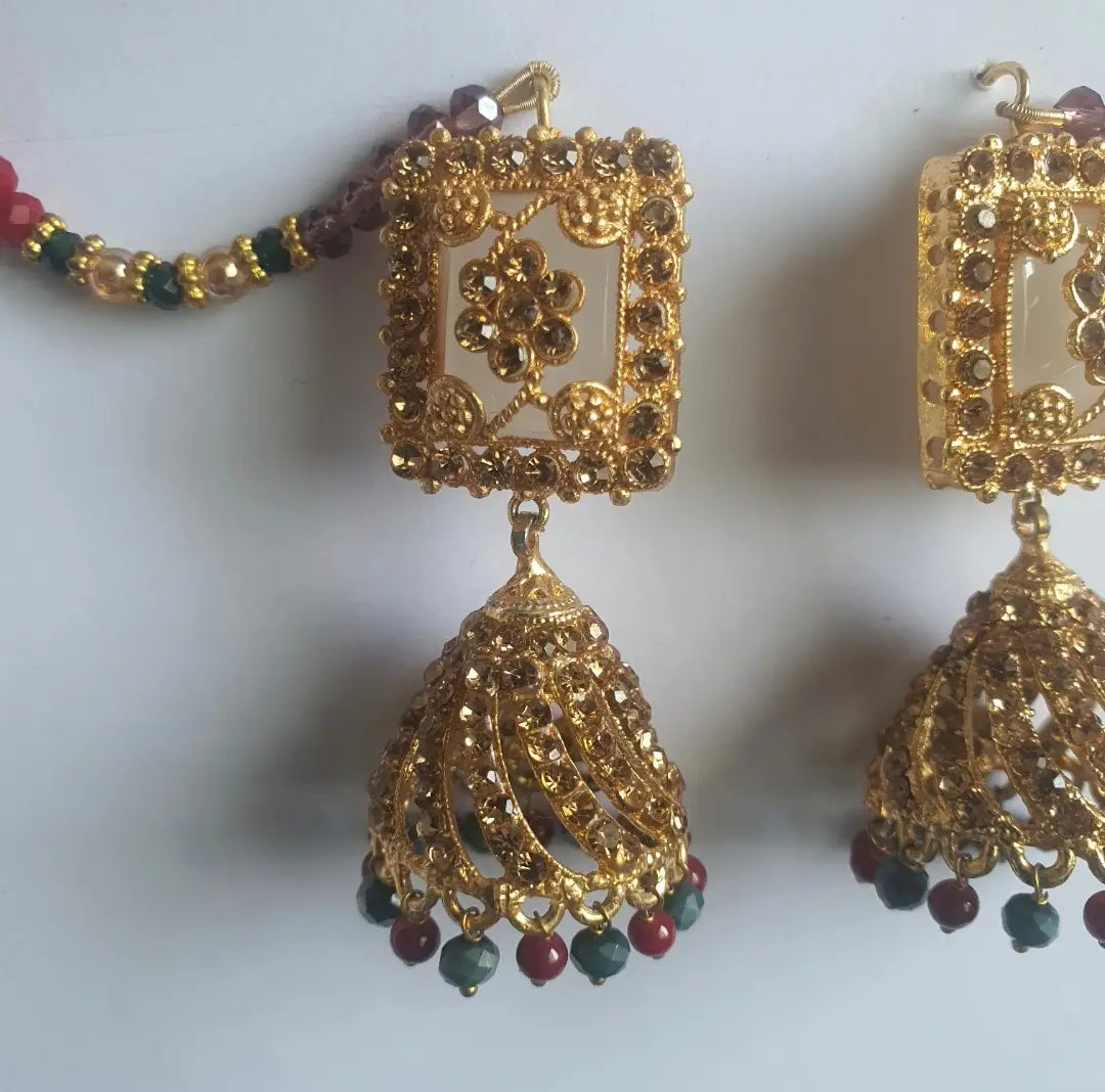 Meenakari Design Gold Plated Rhinestone Jhumka