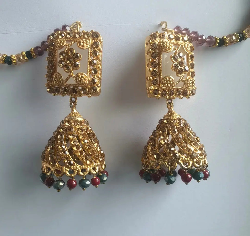 Meenakari Design Gold Plated Rhinestone Jhumka