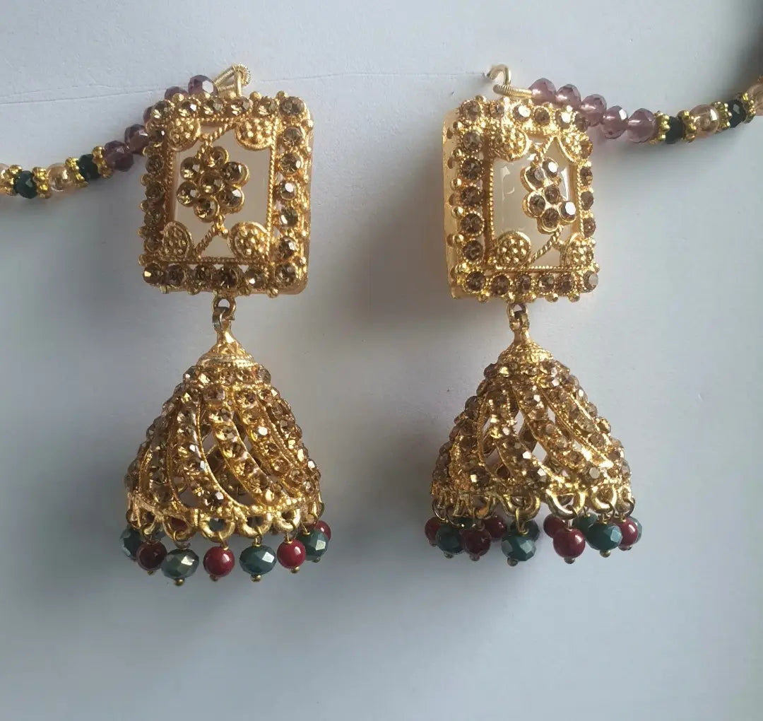 Meenakari Design Gold Plated Rhinestone Jhumka