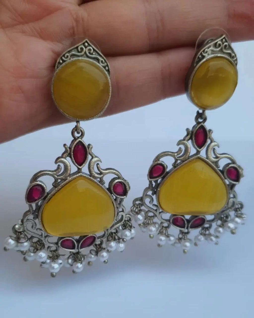 Meenakari Design Silver Plated Gemstone Earrings