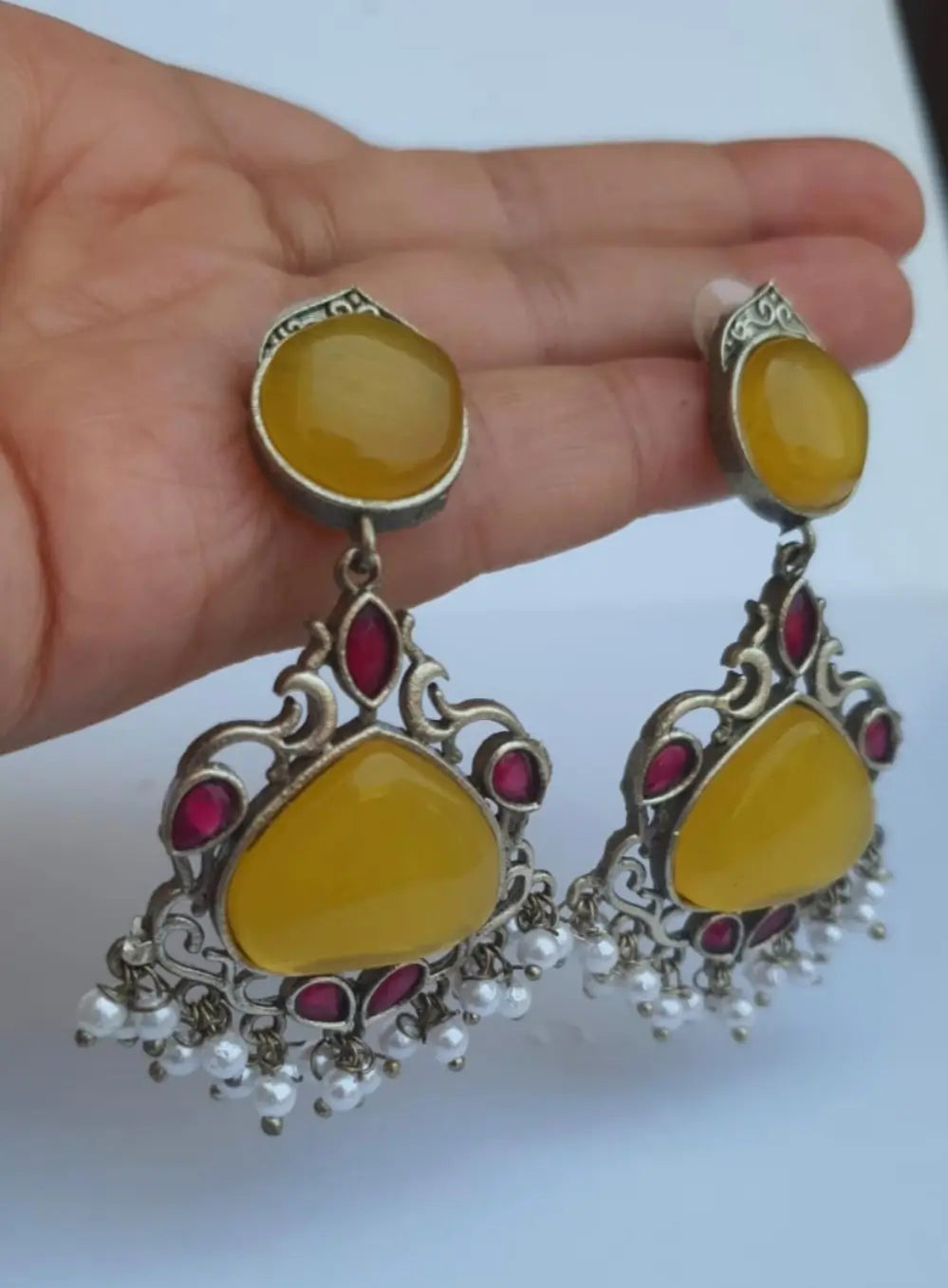 Meenakari Design Silver Plated Gemstone Earrings