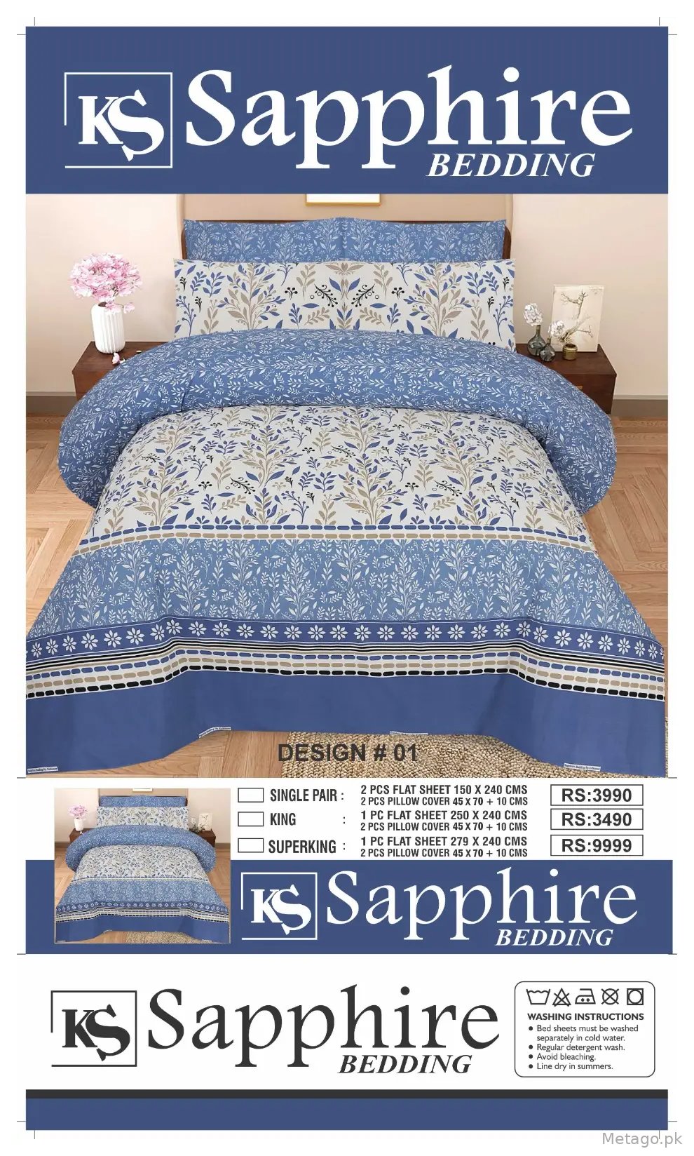 3 Pcs Cotton Printed Double Bedsheet