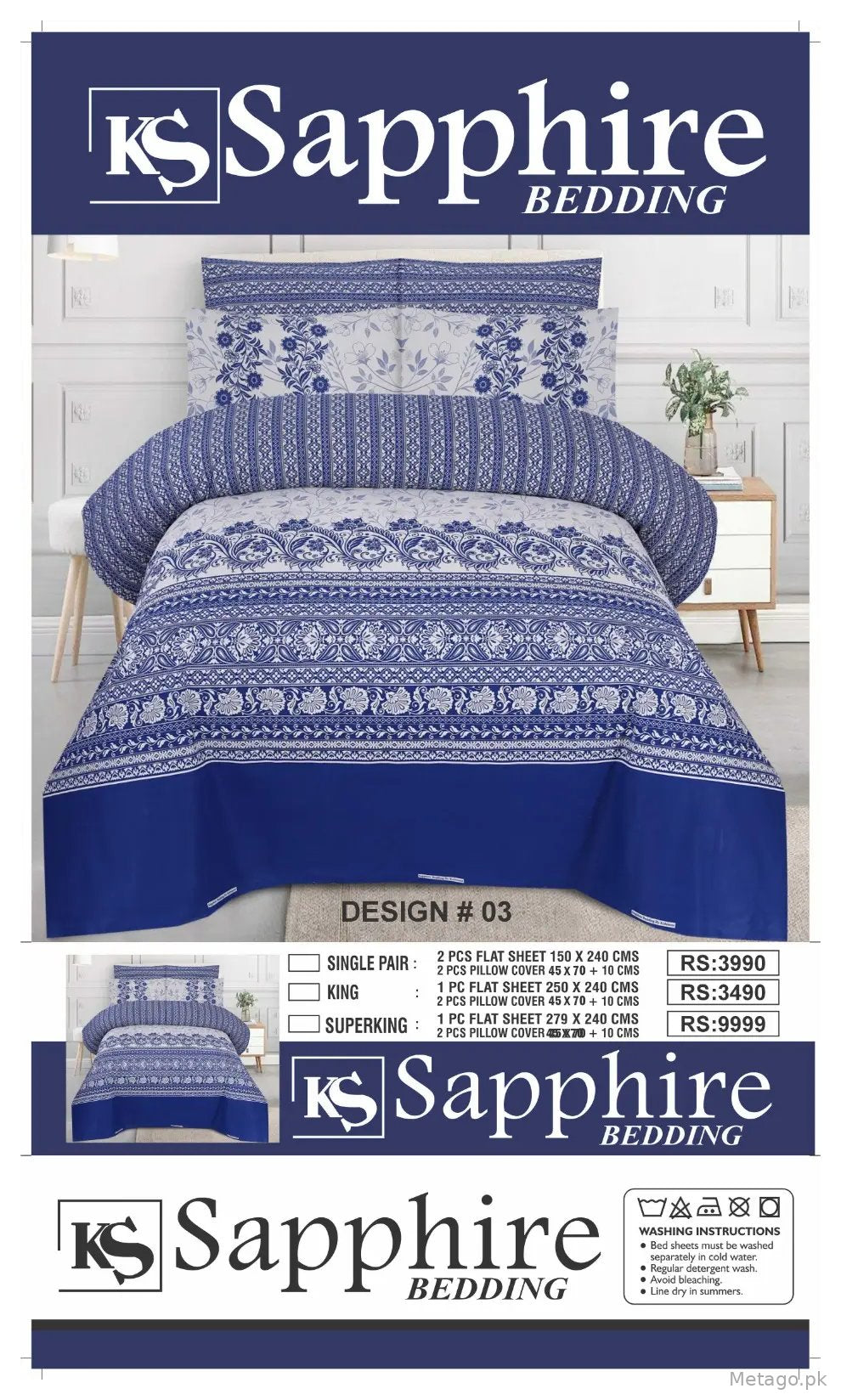 3 Pcs Cotton Printed Double Bedsheet