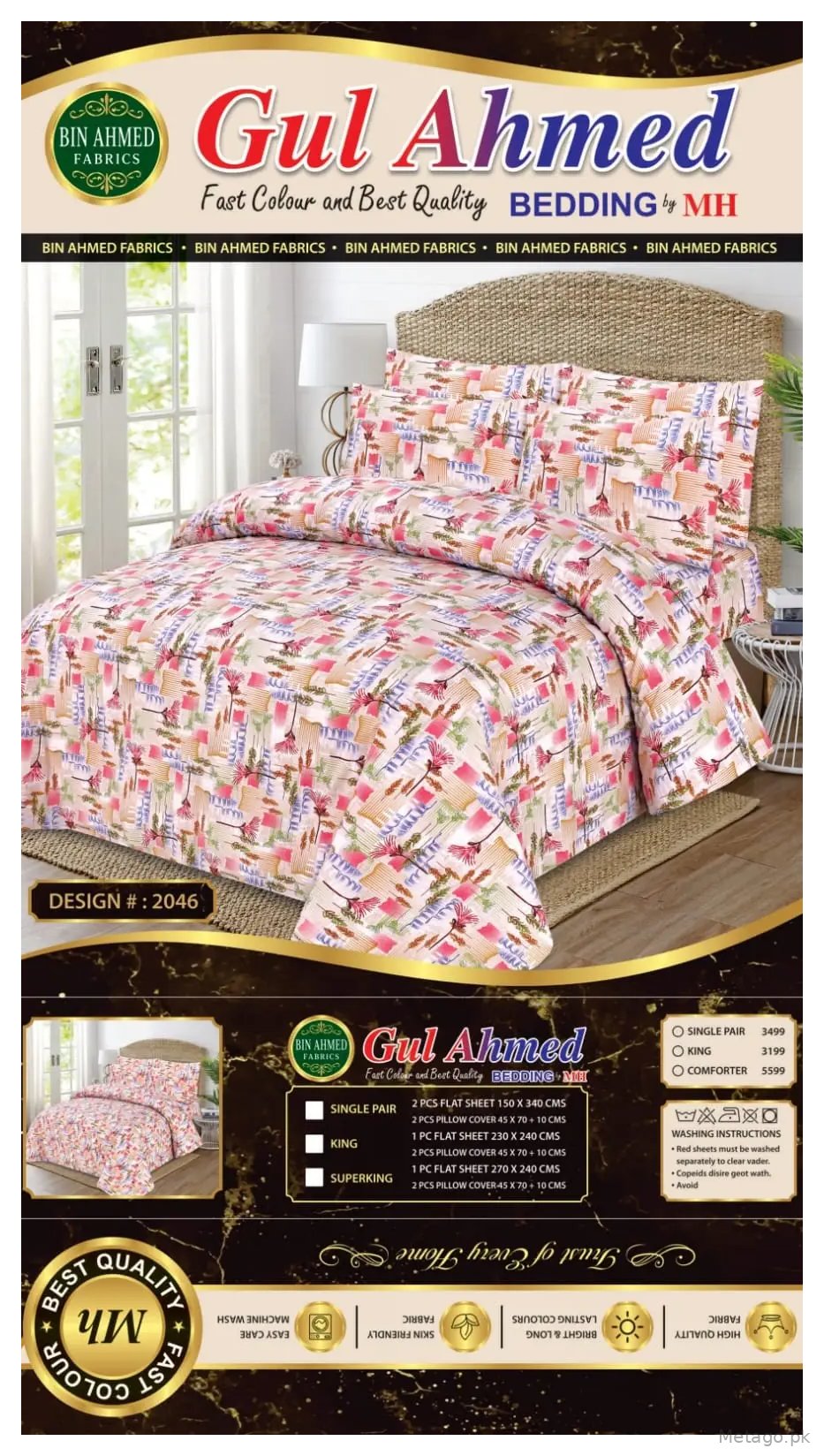 3 Pcs Cotton Printed Double Bedsheet