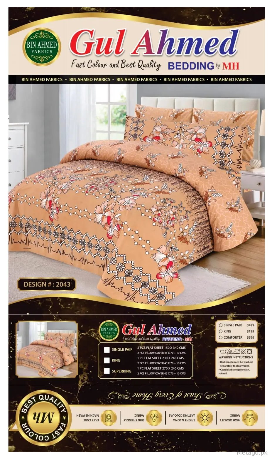 3 Pcs Cotton Printed Double Bedsheet
