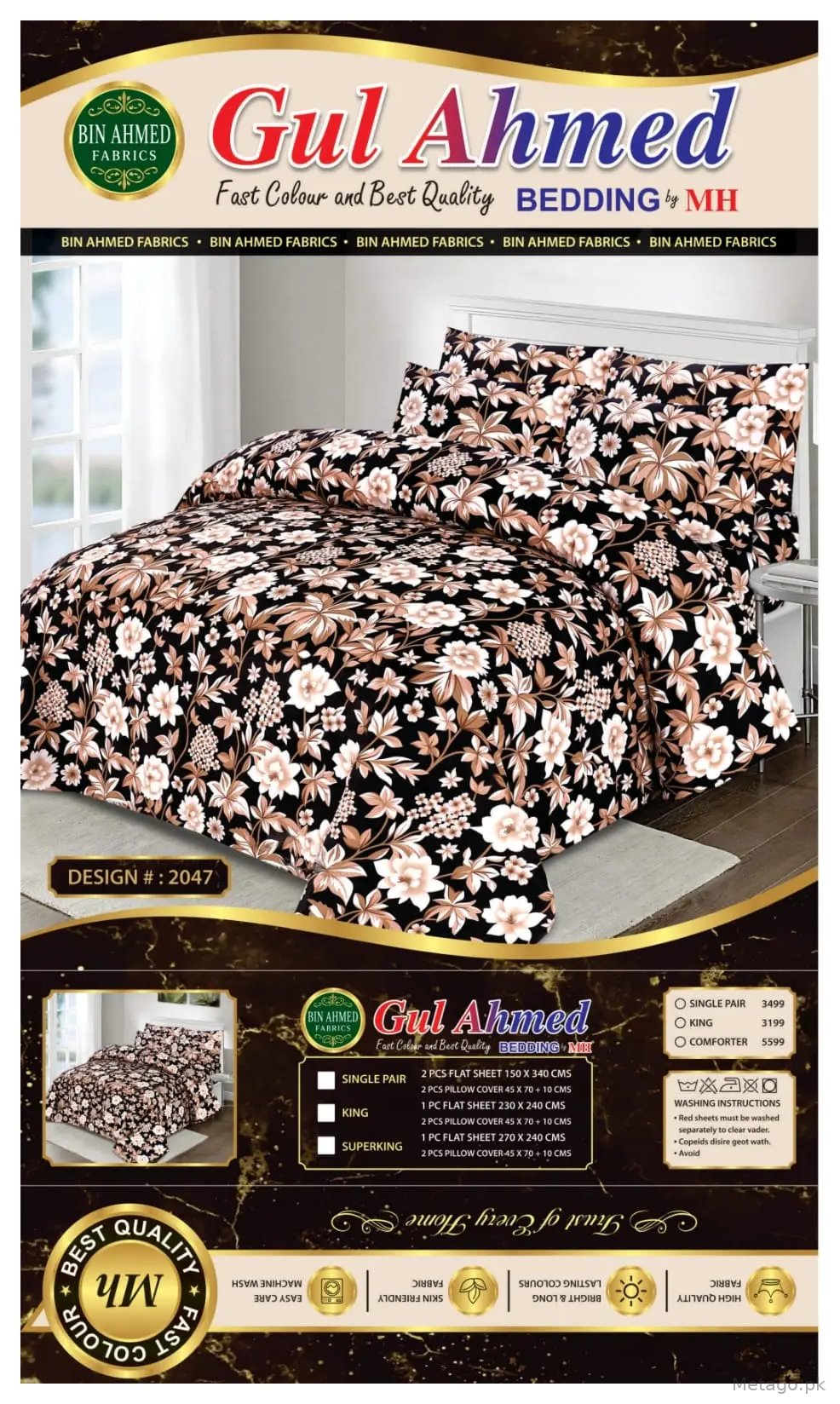 3 Pcs Cotton Printed Double Bedsheet
