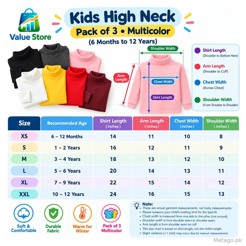 3 Pcs Girl's Stitched Cotton Plain Highneck