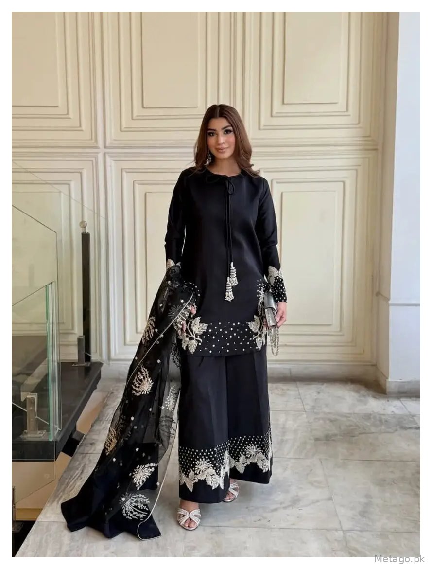 3 Pcs Women's Stitched Linen Sequins Embroidered Suit
