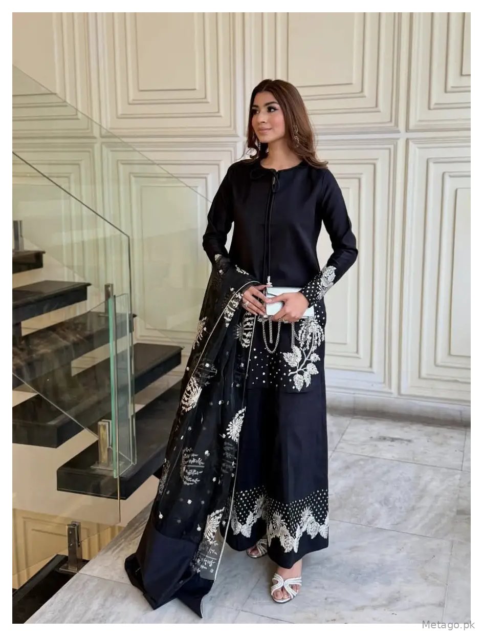 3 Pcs Women's Stitched Linen Sequins Embroidered Suit