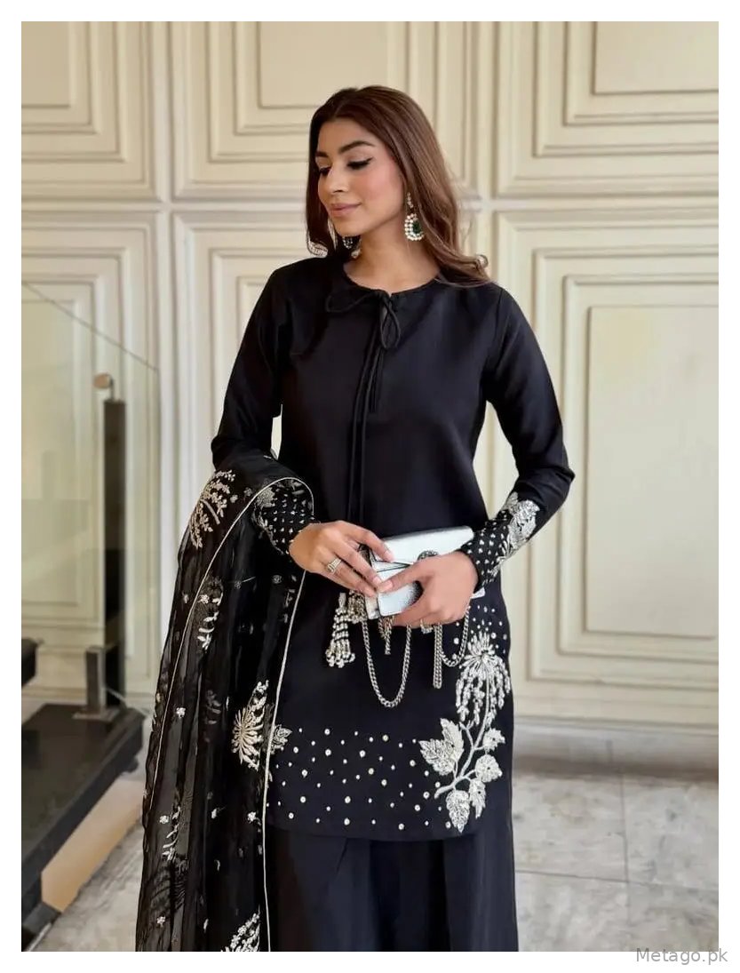 3 Pcs Women's Stitched Linen Sequins Embroidered Suit