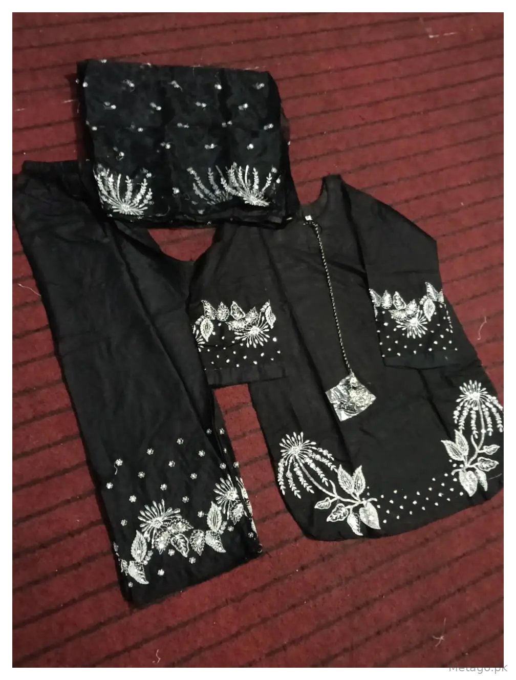 3 Pcs Women's Stitched Linen Sequins Embroidered Suit