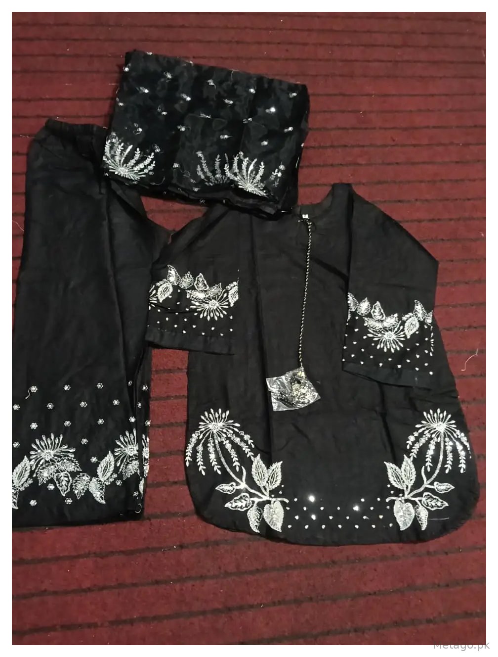 3 Pcs Women's Stitched Linen Sequins Embroidered Suit