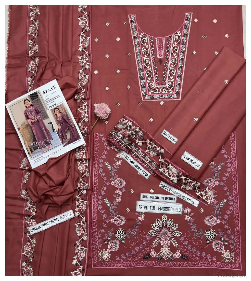 3 Pcs Women's Unstitched Embroidered Suit(f&f)