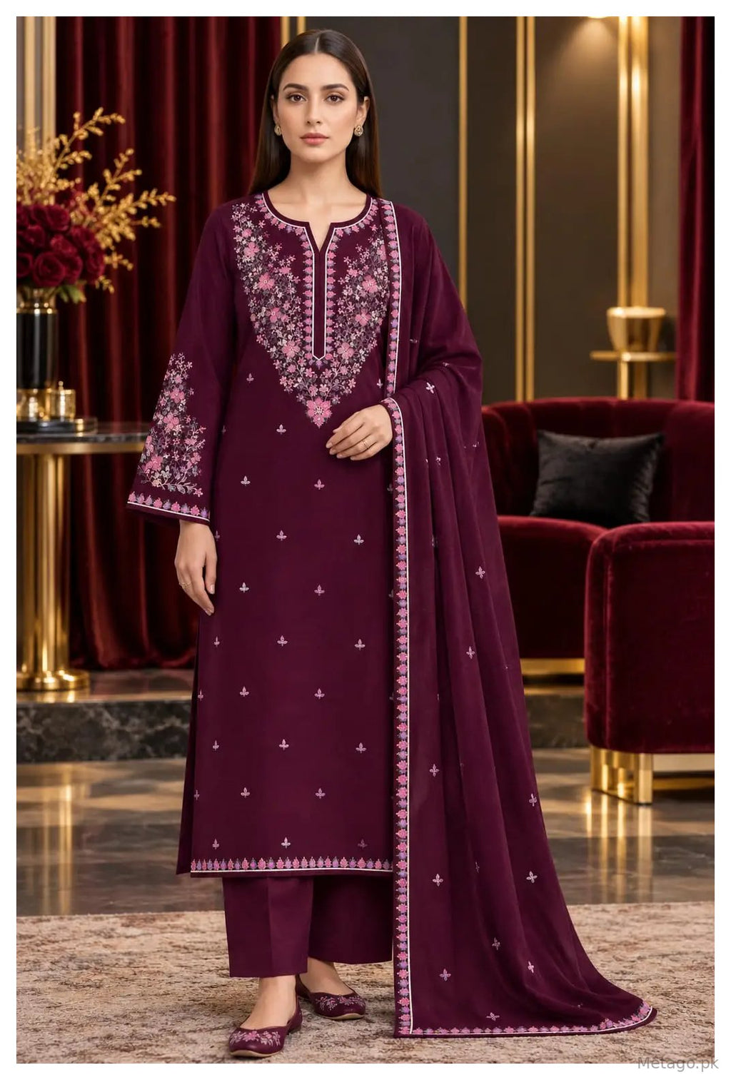 3 Pcs Women's Unstitched Embroidered Suit