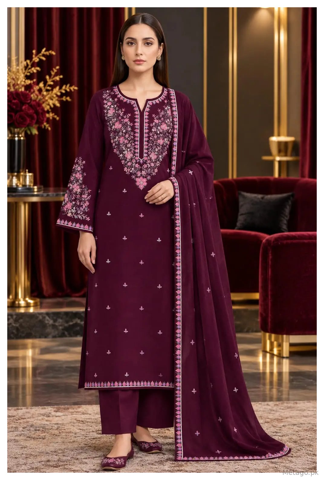 3 Pcs Women's Unstitched Embroidered Suit