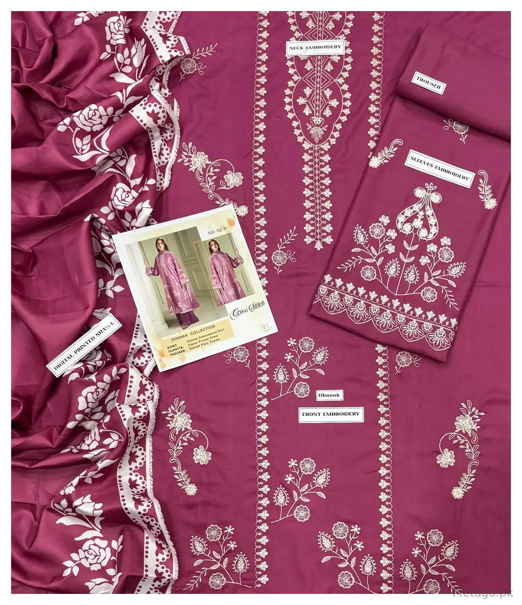 3 Pcs Women's Unstitched Embroidered Suit