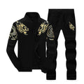 Men Black Fleece Track Suit with Golden Dragon Print 2Pcs