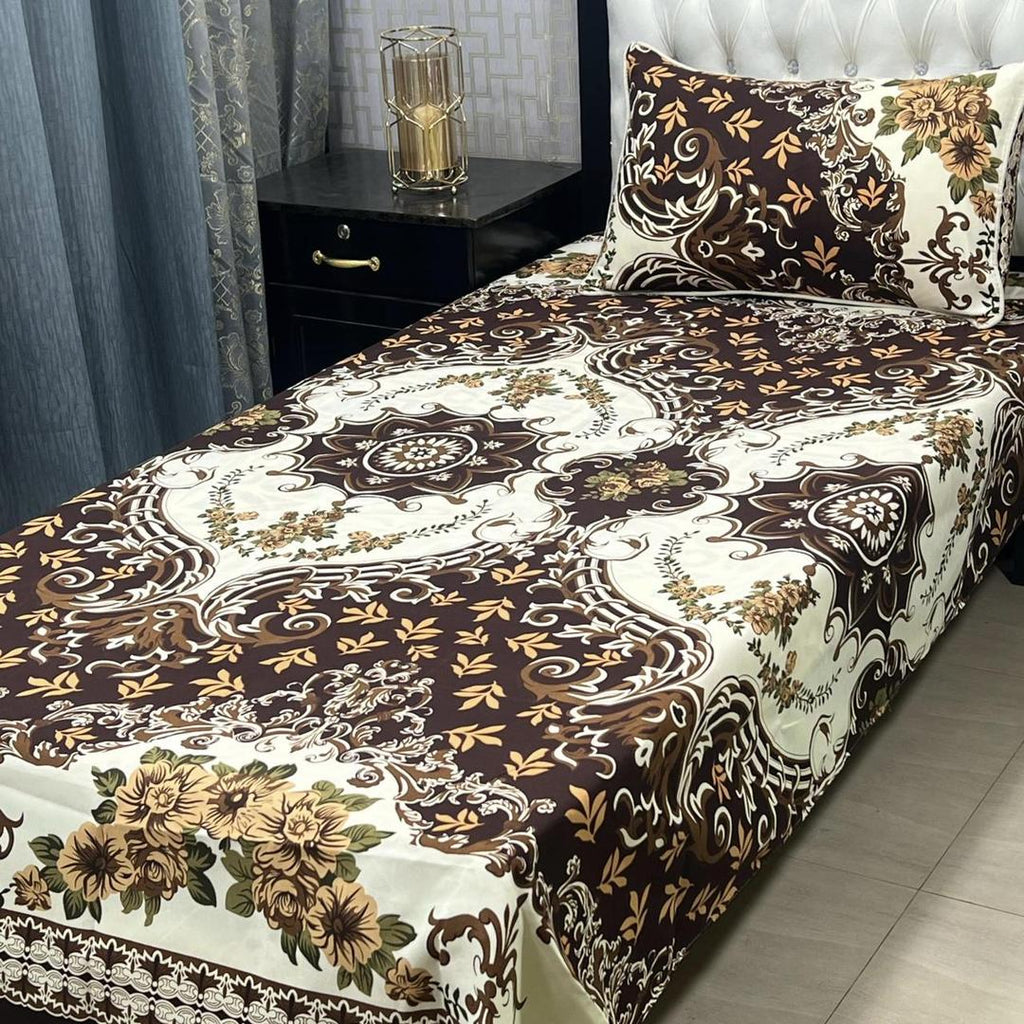 Single Bedsheet Set Crystal Cotton Floral Brown Cream Gold