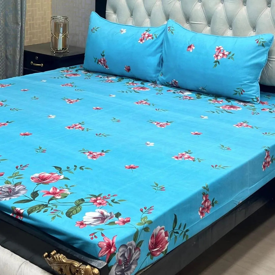 Crystal Cotton Floral Bedsheet Set Blue Double Size