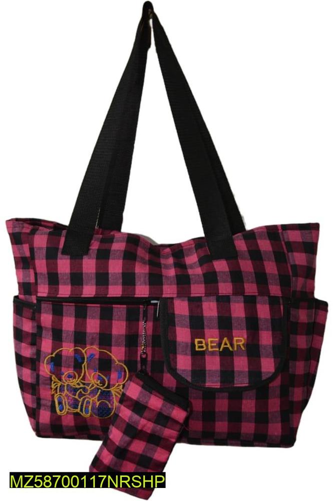 Stylish Pink Black Checkered Baby Diaper Bag with Bear Embroidery
