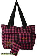 Stylish Pink Black Checkered Baby Diaper Bag with Bear Embroidery