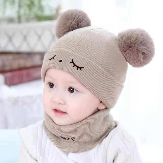 Wool Cap & Neck Warmer Set for Kids 1-5 Brown
