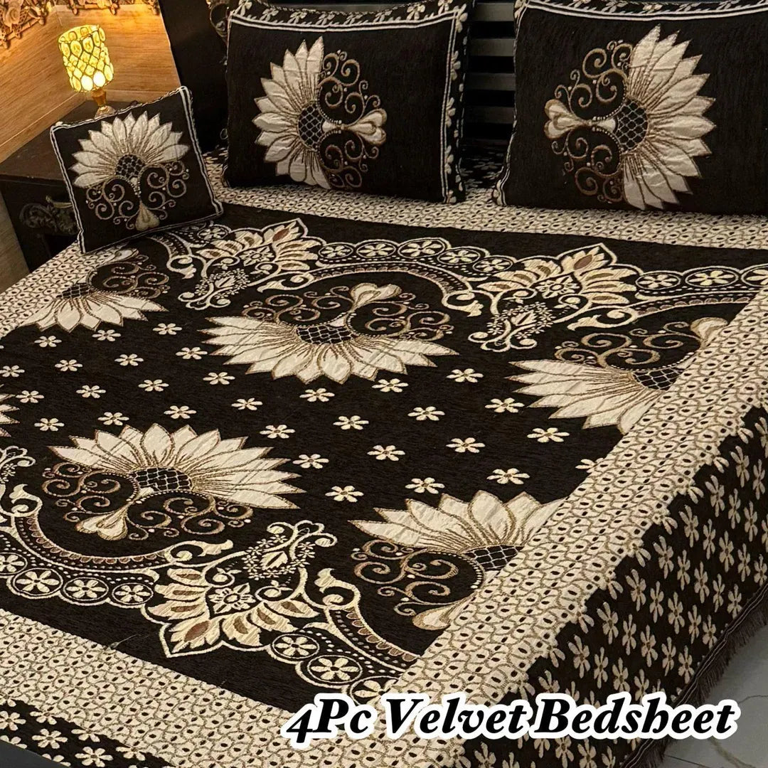 4 Pc Velvet Floral Bedsheet Set Black Gold
