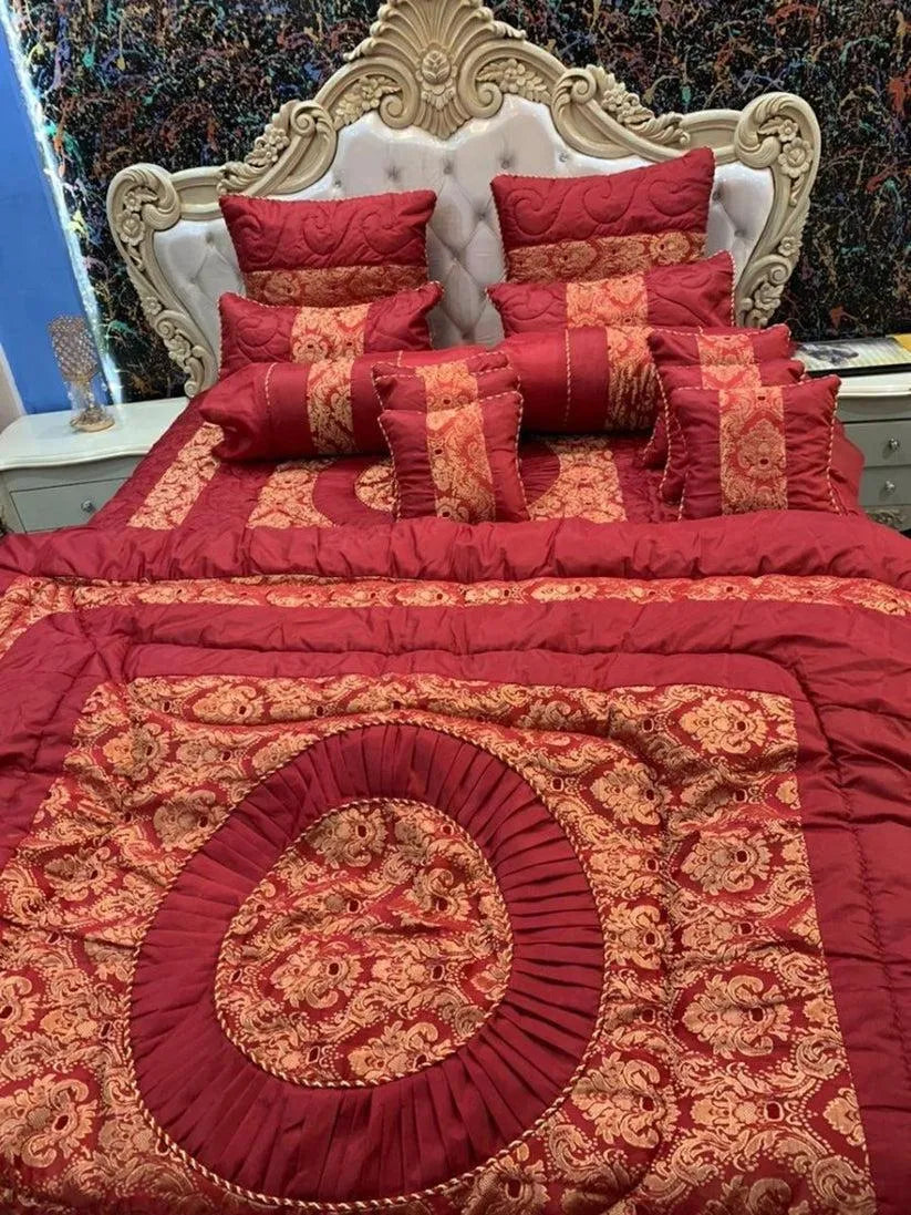 Red Silk Jacquard Bridal Bed Set 14 Pcs Double