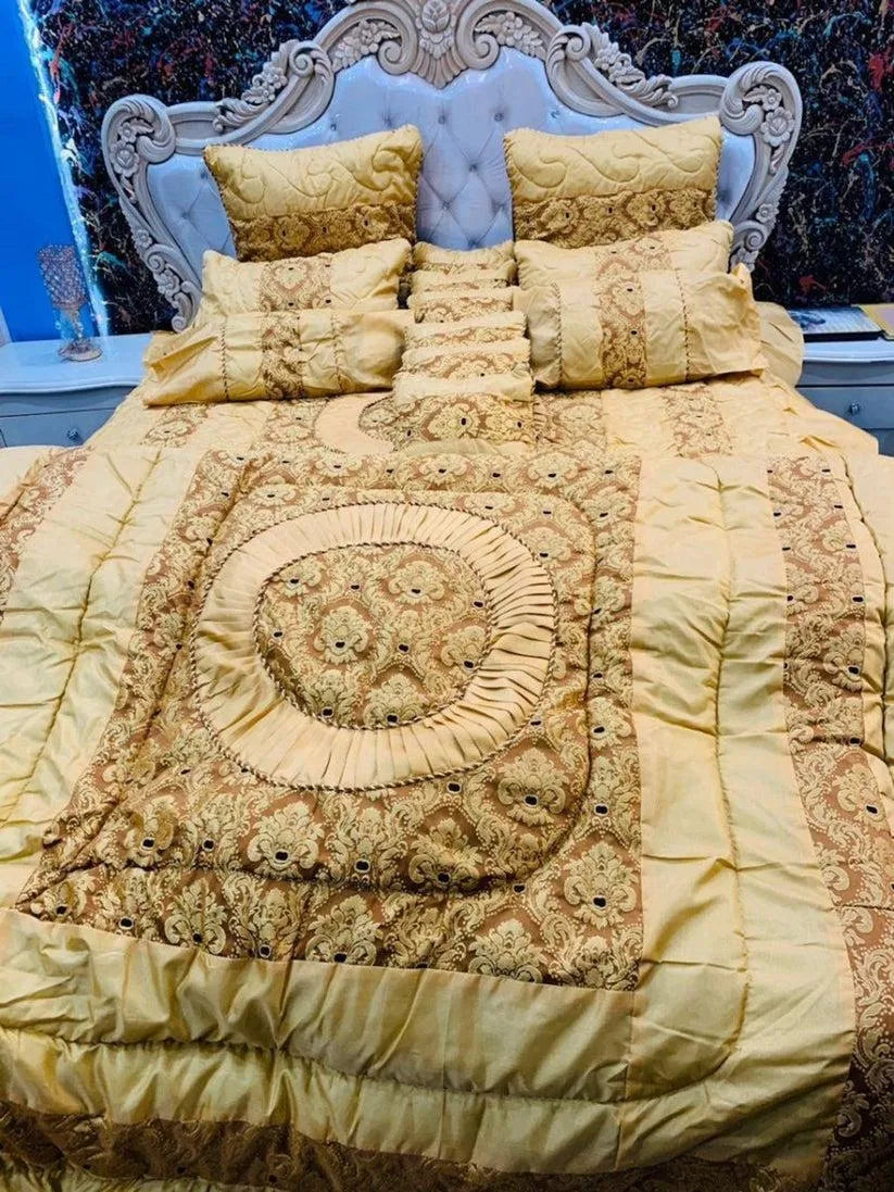 Golden Silk Jacquard Bridal Set 14 Pcs Double Bed