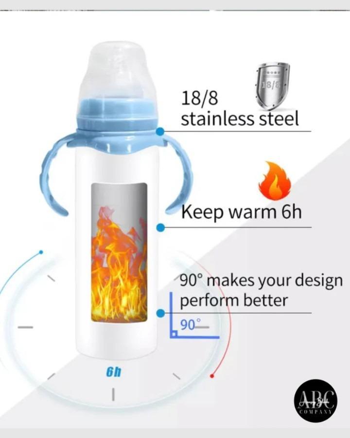 Baby Feeder with 90° Flame Design, 18/8 Stainless Steel, Spill-Free Cap, Pink Blue Handles