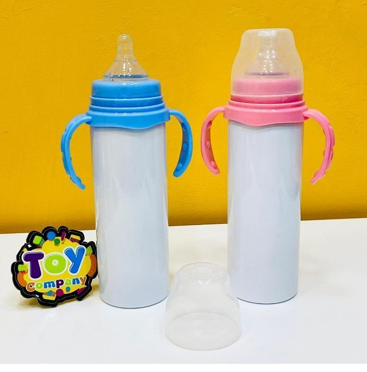 Baby Feeder with 90° Flame Design, 18/8 Stainless Steel, Spill-Free Cap, Pink Blue Handles