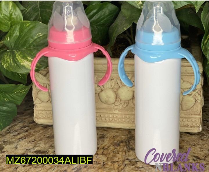 Baby Feeder with 90° Flame Design, 18/8 Stainless Steel, Spill-Free Cap, Pink Blue Handles