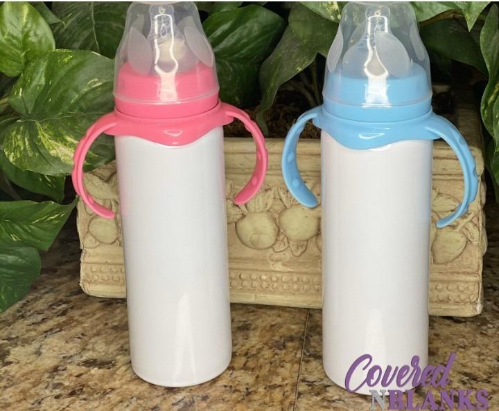 Baby Feeder with 90° Flame Design, 18/8 Stainless Steel, Spill-Free Cap, Pink Blue Handles
