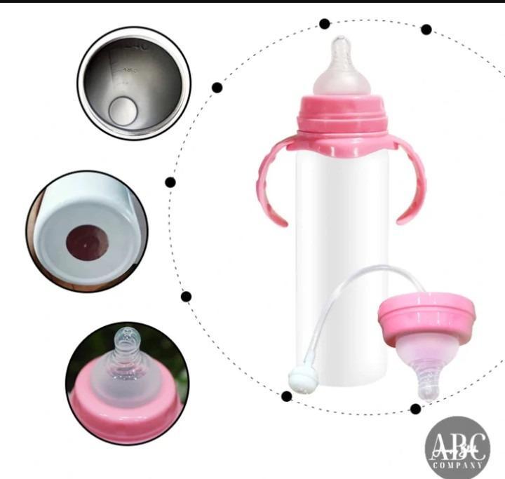 Baby Feeder with 90° Flame Design, 18/8 Stainless Steel, Spill-Free Cap, Pink Blue Handles