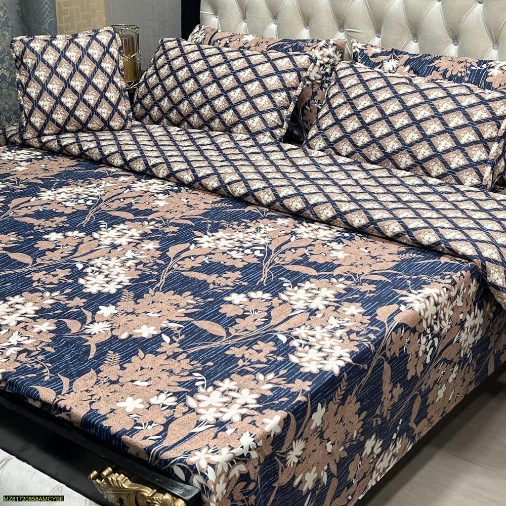 Cotton Quilted Comforter Set Blue Beige Floral Double Bed