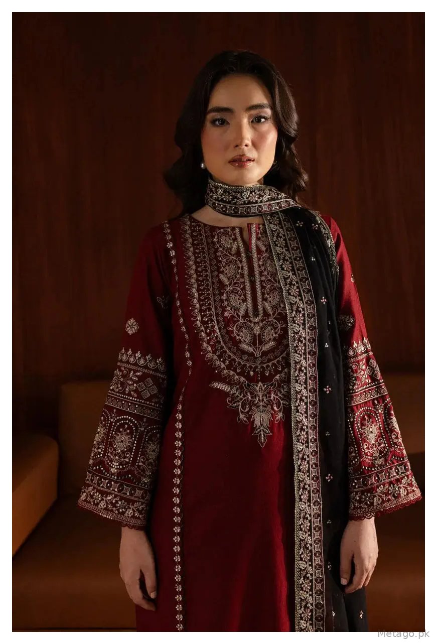 Adab 3 Pcs Women's Stitched Linen Embroidered Suit