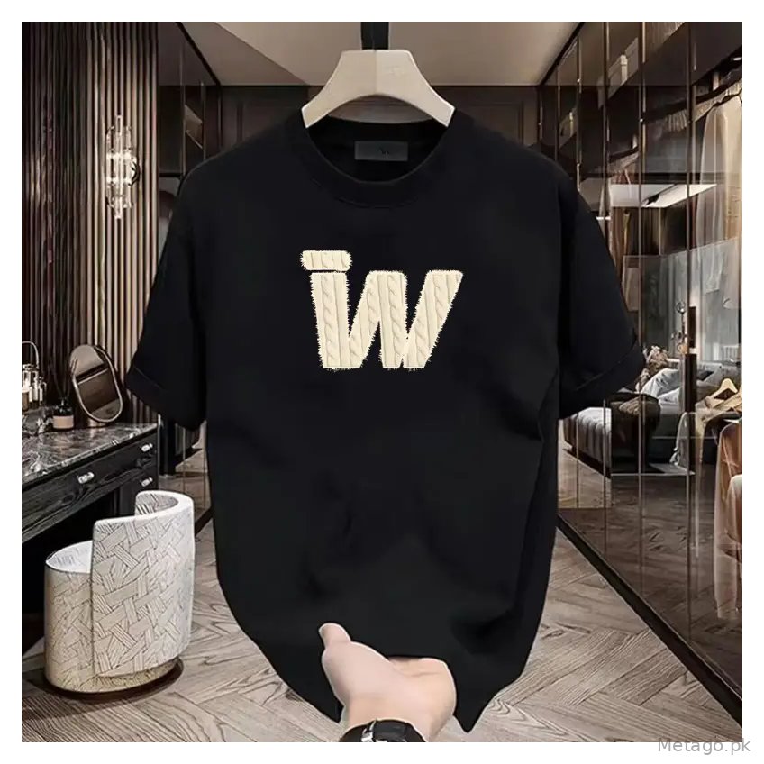 Black Heavy Cotton Round Neck T-Shirt with "TW" Print