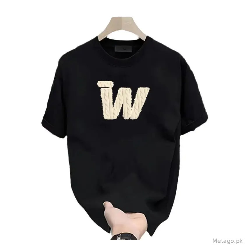 Black Heavy Cotton Round Neck T-Shirt with "TW" Print