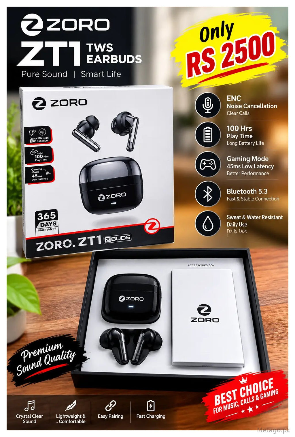 Black Long-Lasting Battery With Fast Charge Earbuds